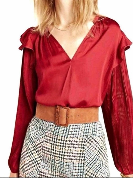 Anthropologie Tops - Anthropologie Dolan Left Coast Red Satin-SZ M-Pleated Balloon Sleeve Blouse